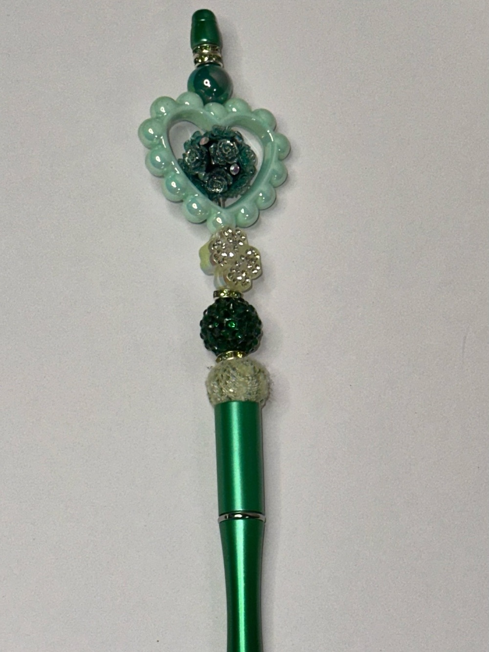 Mint Green Heart Charm Pen with Dark Green Accents - Extender